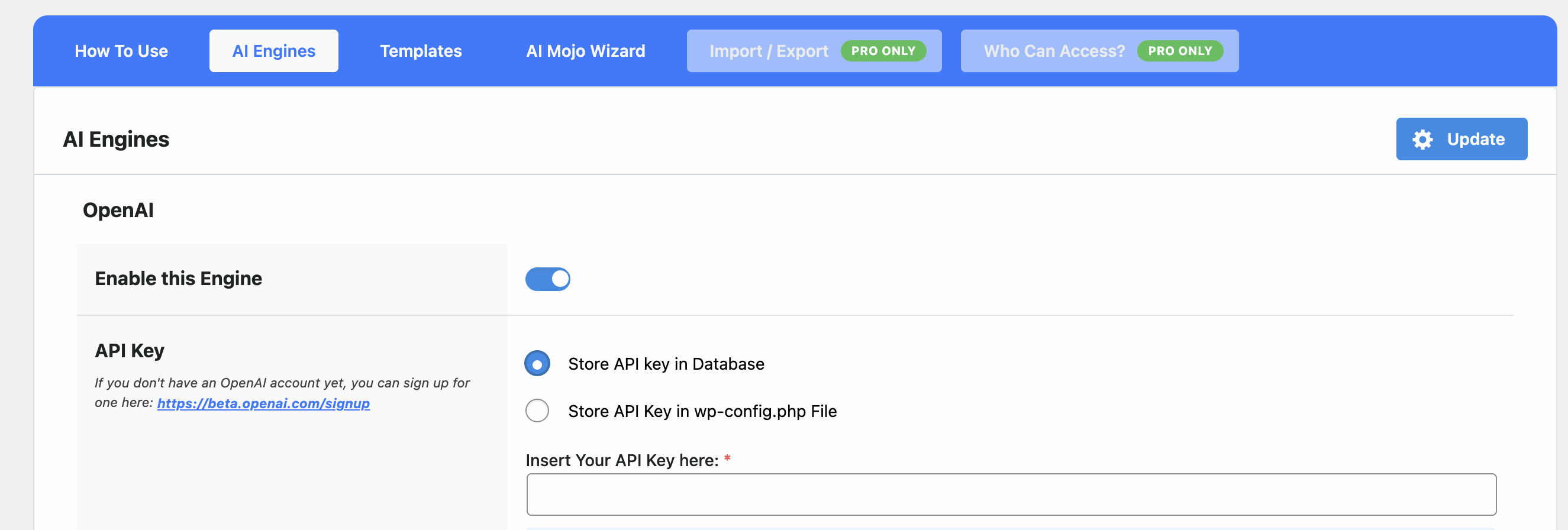 AI Mojo GPT3 secret key - I migliori plugin wordpress per ChatGPT